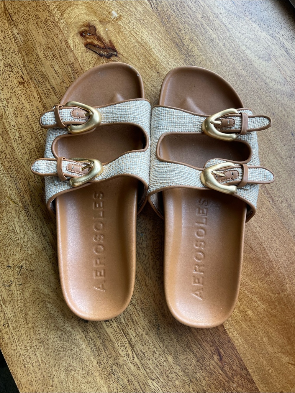 AEROSOLES Tan Footbed with Cream Woven Double-Buckle Slide Sandals